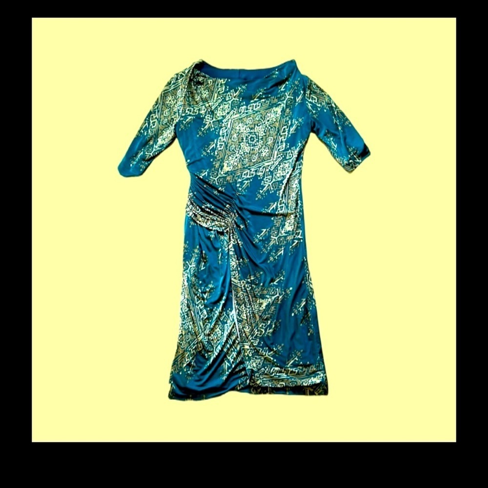 Nine West Midi Cinch Waist Dress Size 2 Stretchy Quarter Sleeve Gold And Green